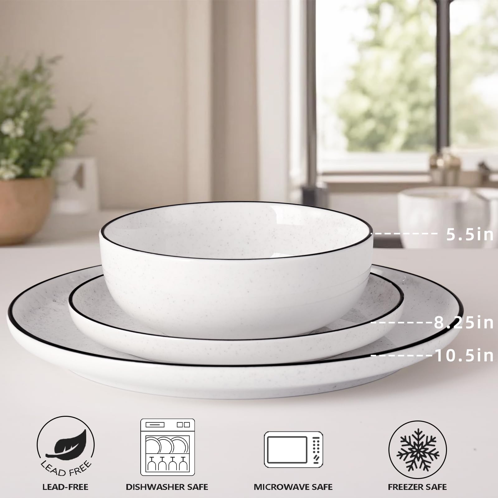 SOVEGLEE Plates and Bowls Sets for 4,12 Pieces Ceramic Dish set, White Dinnerware Set for Kitchen, Modern Design Plate Sets with Black Rim, Microwave and Dishwasher Safe