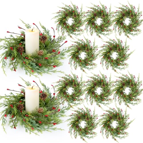 Cedar Artificial Christmas Candle Rings Set of 12 - 9 Inch Wreaths with Berries Pinecones