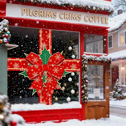 Funrous Christmas Bow Window Clings - Extra Large Red Snowflake Holiday Decor