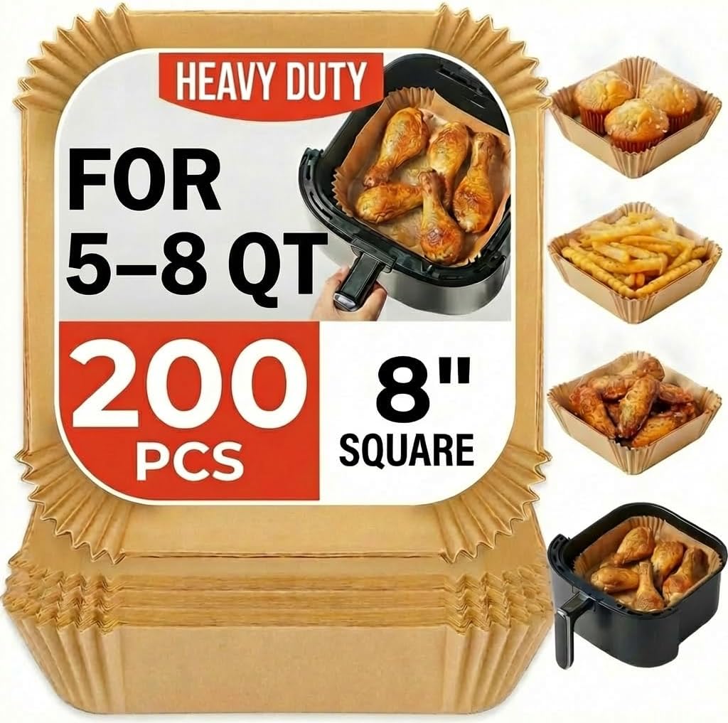 Skiennix Air Fryer Liners - 8 Inch Disposable Parchment Paper, 200 Pcs Non-Stick with Safety Ring