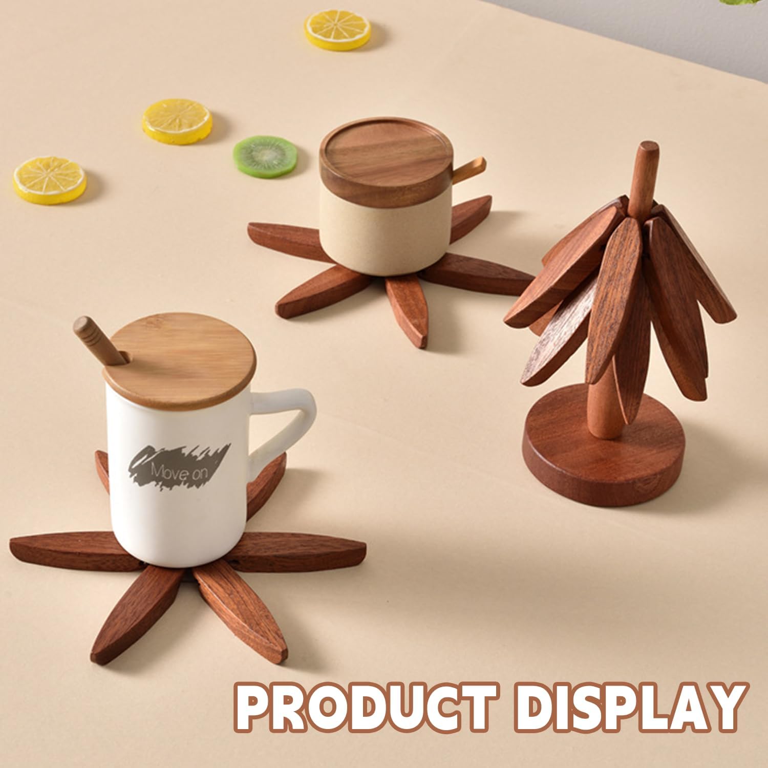 Walnut Wood Trivet Set by [Brand Name] - Tree Shape Design | 4 Trivets + Stand for Hot Dishes