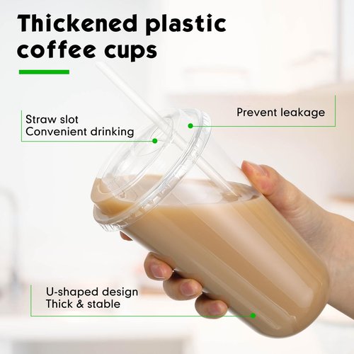 Ziliny 50 Sets Crystal Plastic Cups with Lids and Straws, Disposable Iced Coffee Cups Bulk PET for Wine, Cocktail, Smoothie, Milkshake, Cold Drinks, Juice, Wedding, Birthday, Coffee Shop, Party (18oz)