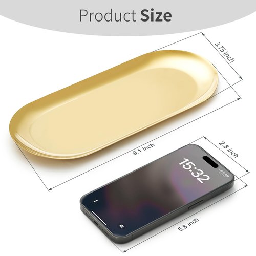 3 Pack Gold Trays for Decor, Stainless Steel Decorative Tray, Small Vanity Tray for Bathroom, Elegant Jewelry Tray for Holding Perfume, Keys, Wallet, Business Cards, Candle, Oval