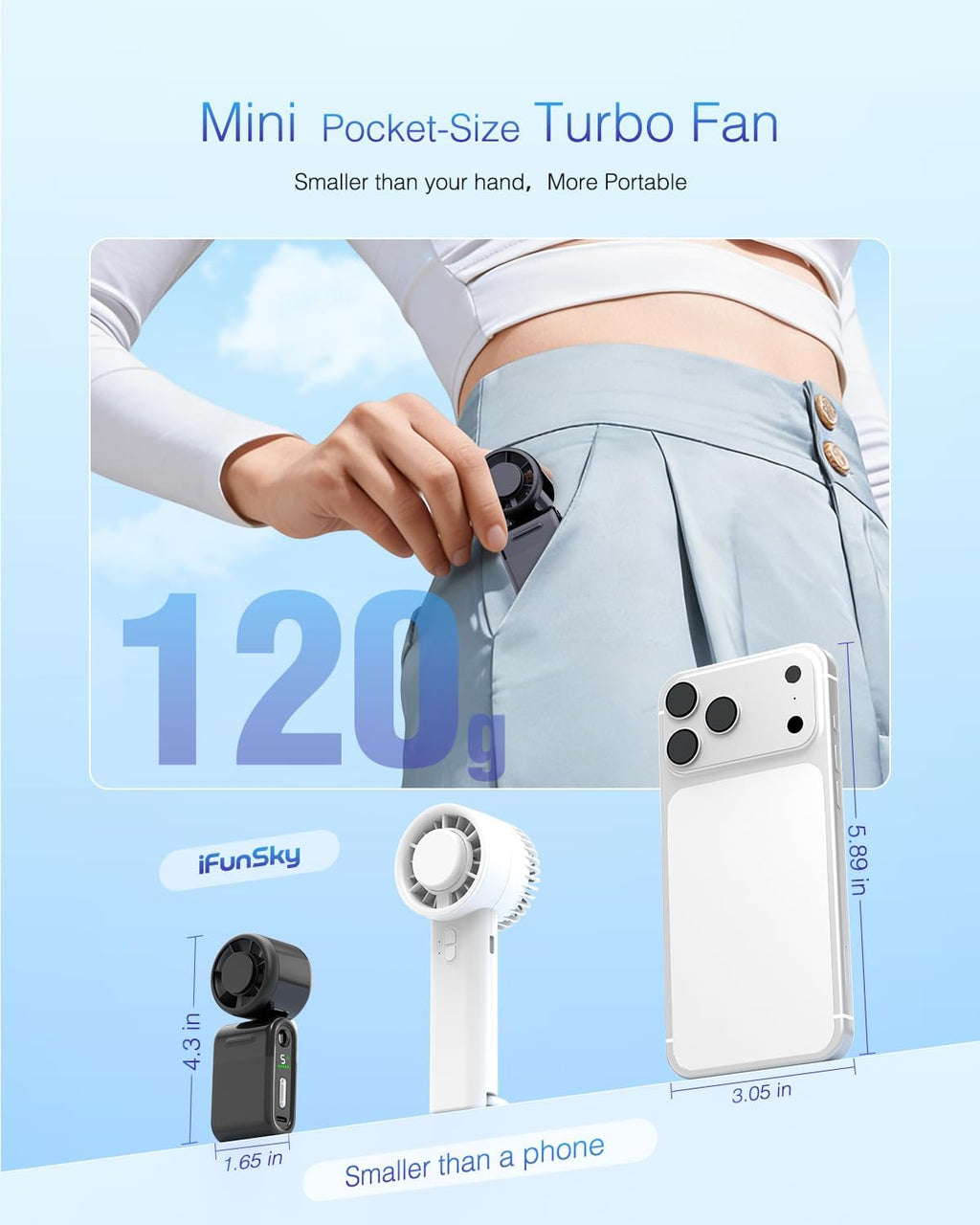 Turbo Fan by Portable Handheld | Compact, Whisper-Quiet, 5-Speed Rechargeable Mini Fan - Ideal for Travel & Outdoor Use (Black)