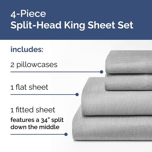 Flex Top Split Head King Sheet Set - Comfy, Breathable & Cooling Luxury Bedding - Deep Pocket, Soft Oeko-Tex in Heathered Grey