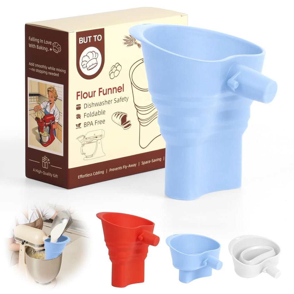 Skiennix Foldable Silicone Flour Funnel - Dishwasher Safe Attachment for Kitchen Aid Mixers (Blue)