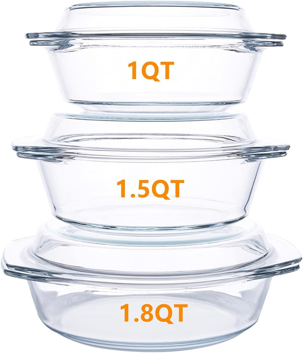 Regine Switzerland Round Tempered Glass Casserole Dish Set - 6 Pieces with Lids, Oven & Dishwasher Safe | 1QT, 1.5QT, 1.8QT