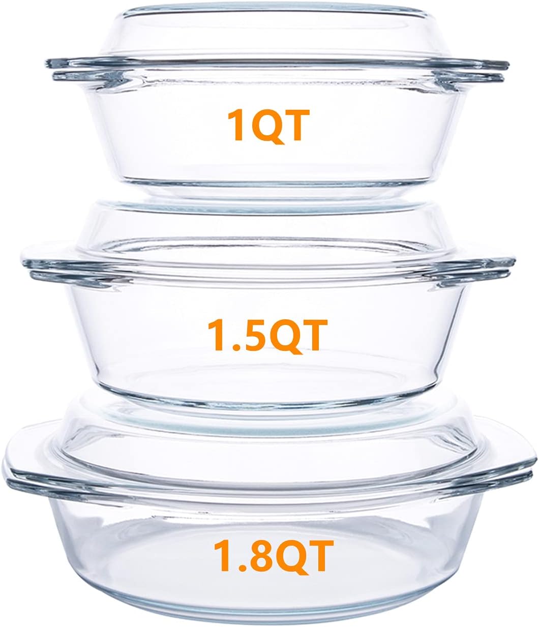 Regine Switzerland Round Tempered Glass Casserole Dish Set - 6 Pieces with Lids, Oven & Dishwasher Safe | 1QT, 1.5QT, 1.8QT