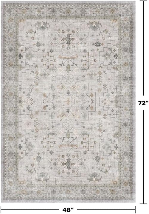 Hazo Haus Boho 4x6 Living Room Rug - Light Grey Vintage Floral Design | Washable Non-Slip Area Rug