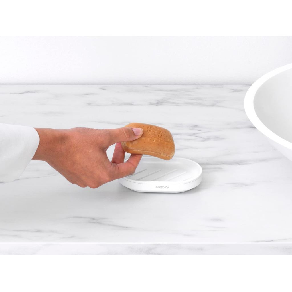 Brabantia Mindset Soap Dish (Mineral Fresh White) Anti-Rust Metal, Non-Slip Basin Soap Tray Holder for Bathroom, Shower, Kitchen Sink