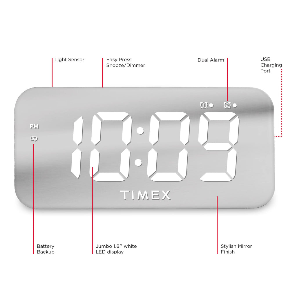 Timex Alarm Clock with USB Charger (5W) and Large Display, Digital Alarm Clock for Bedroom Includes 100-240V Universal Power Adapter (T1320)
