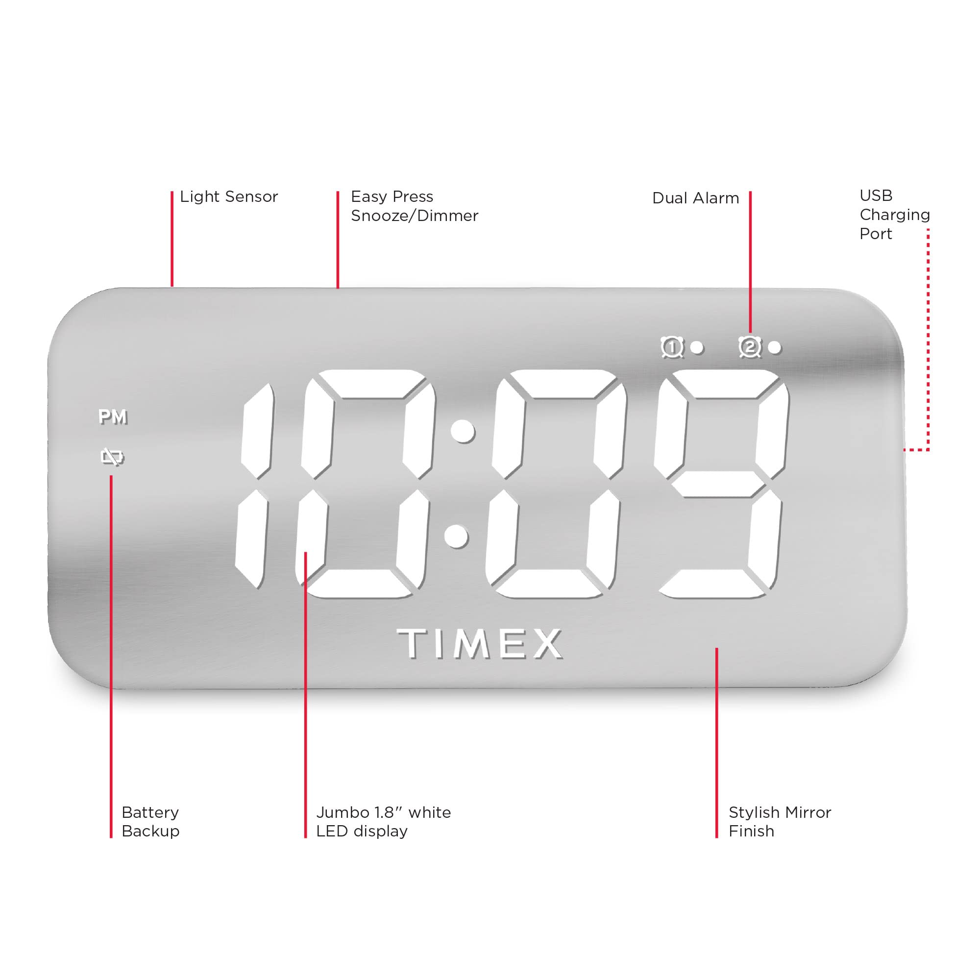 Timex Alarm Clock with USB Charger (5W) and Large Display, Digital Alarm Clock for Bedroom Includes 100-240V Universal Power Adapter (T1320)