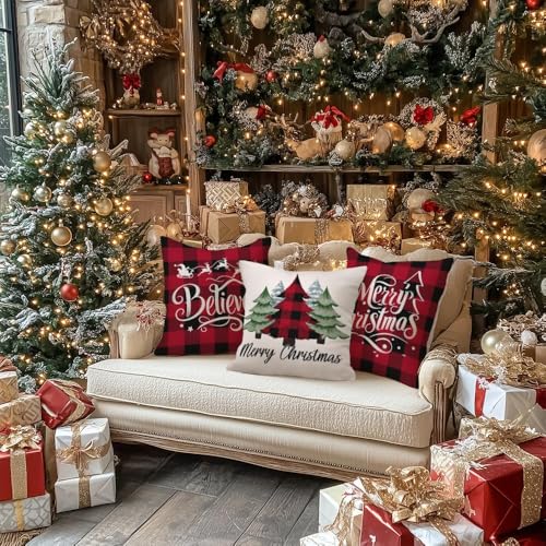 GEEORY Merry Christmas Throw Pillow Covers Set of 4, 18x18 Inch Multicolor