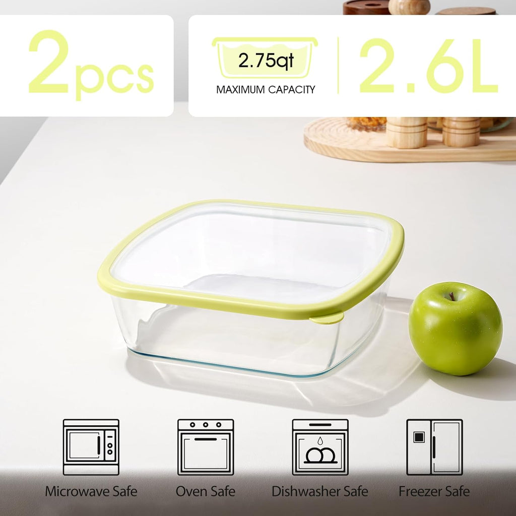 NUTRIUPS 9 x 9 Glass Baking Dish Set - 2.75QT Deep Oven Safe Pan with Lid | 2 Pack in Yellow