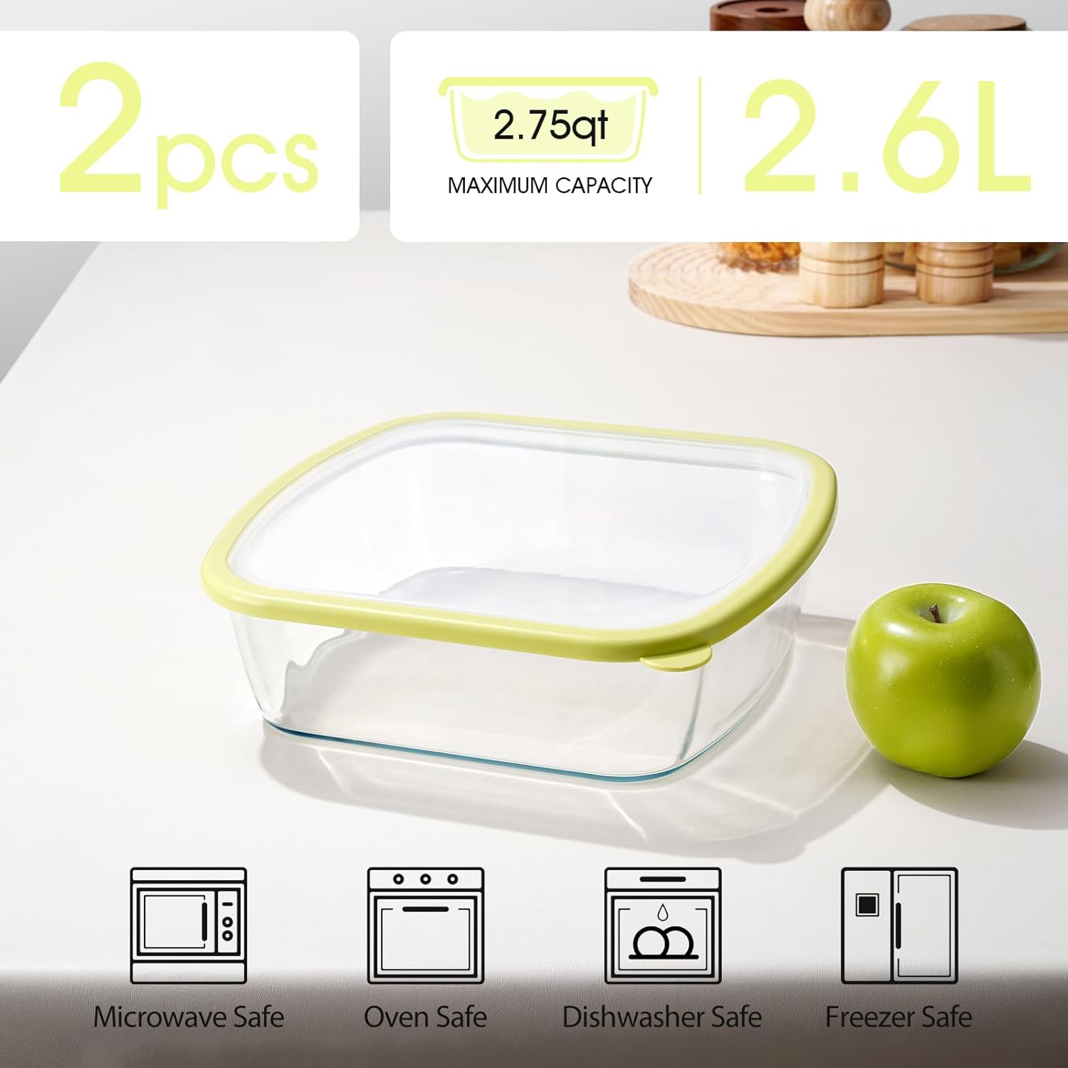 NUTRIUPS 9 x 9 Glass Baking Dish Set - 2.75QT Deep Oven Safe Pan with Lid | 2 Pack in Yellow