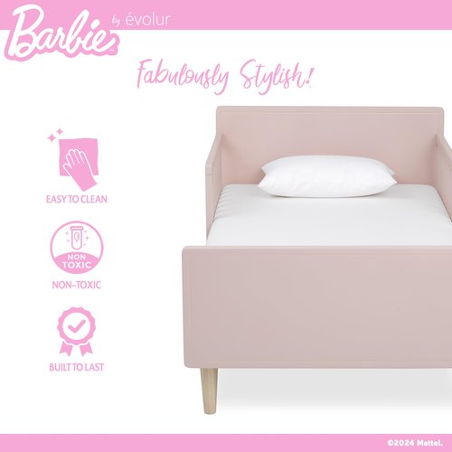 Evolur Barbie Los Altos Wooden Toddler Bed, Blush Pink – Greenguard Gold & JPMA Certified – Low-to-Floor Kids Bed for Girls – Fits Standard Crib Mattress