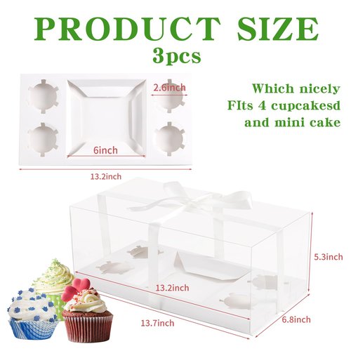 JCD 3pcs Clear Cupcake Boxes Combo,Cake and Cupcakes Box 1+4 Bento Box with Clear Window Bento Boxes Fit 4 Cupcake and 1 Mini Cake for Valentine Wedding Birthday Party Bakery Supplies(1+4/3Pcs)