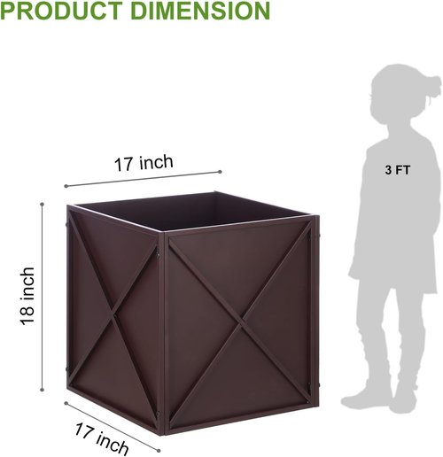 BAYN Metal Square Planter Box - Modern Heavy-Duty Outdoor Planter with Drainage Holes | Brown, 17” x 17” x 18”