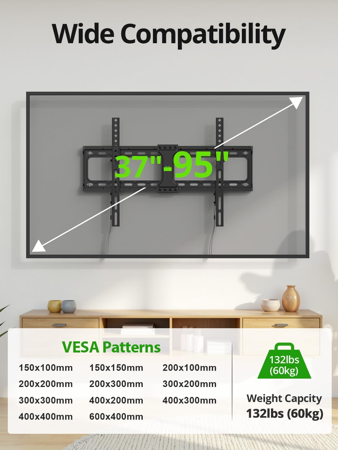 USX MOUNT Tilting TV Wall Mount - Fits 37"-95" Flat & Curved Screens, Max VESA 600x400mm, Supports 132lbs