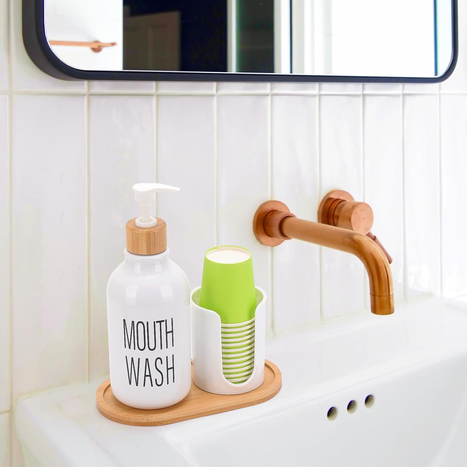 Skiennix Mouthwash Dispenser - Refillable 17oz Pump Bottle with Cup Holder & Tray for Bathroom Organization