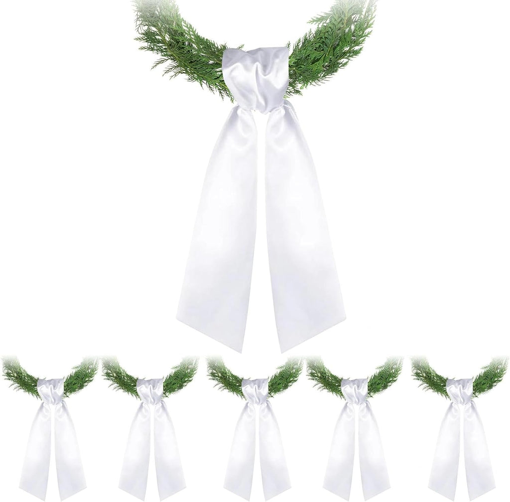 Skiennix 6 PCS White Satin Wreath Sashes - Embroidered Decor for Weddings & Holidays