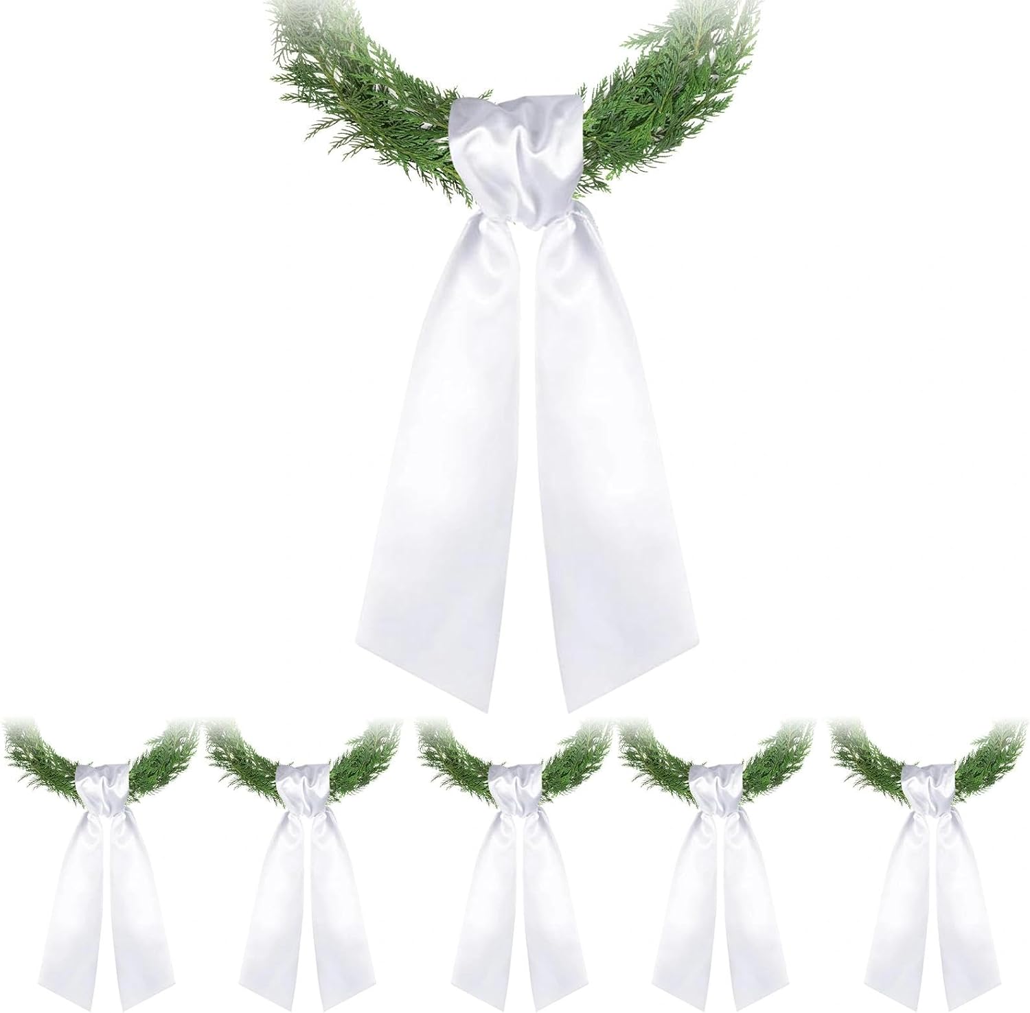 Skiennix 6 PCS White Satin Wreath Sashes - Embroidered Decor for Weddings & Holidays