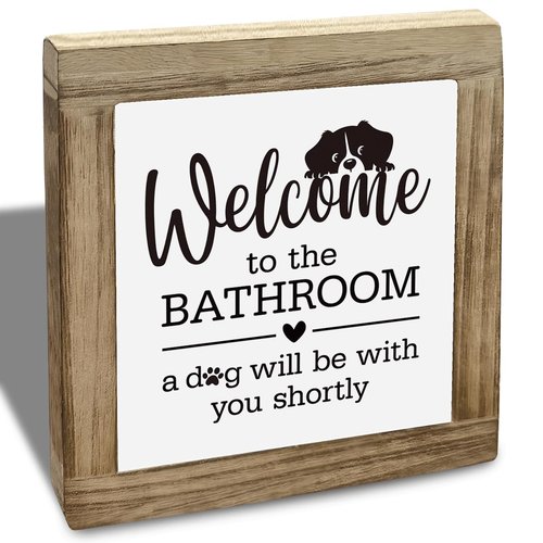 Dog Bathroom Decor, Funny Bathroom Decor, Interesting Wood Decoration for Restroom, Welcome to The Bathrooms A Dog Will be with You Sign, Indoor Bathrooms Toilet Wood Box Sign