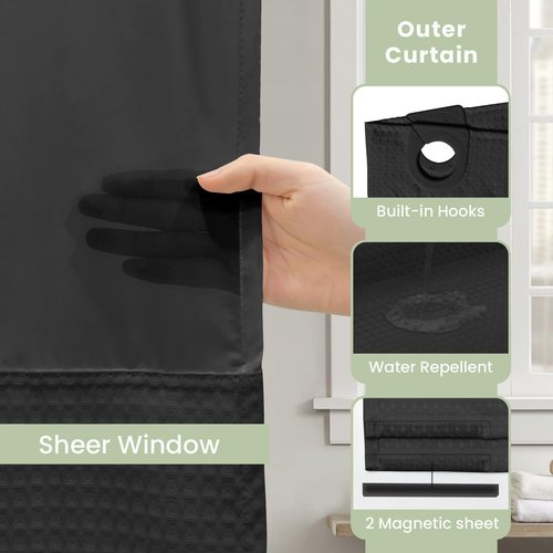 Inhousolu No Hook Shower Curtain with Snap in Fabric Liner Set Waffle Weave 230GSM Weighted Hem, Waterproof & Washable Bathroom Curtain Spa Luxury with Mesh Top Window 72" W x 72" L Black