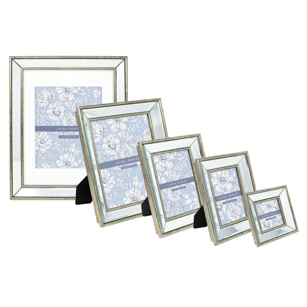Laura Ashley 5x7 Silver Beveled Mirror Picture Frame, Classic Mirrored Frame with Deep Slanted Angle, Wall-Mountable, Made for Tabletop Display, Photo Gallery and Wall Art, (5x7, Silver)