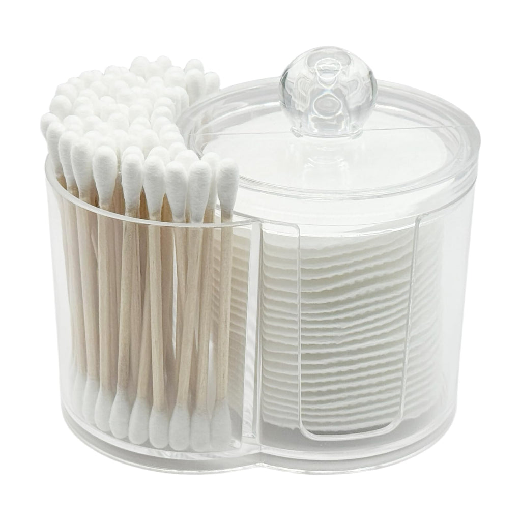 AkoSlale Clear Plastic 2-in-1 Cotton Swab Dispenser & Makeup Pad Holder - Shatterproof Bathroom Vanity Organizer Apothecary Jars for Cotton Rounds, Balls, Floss Picks, Hair Ties & Beauty Sponges