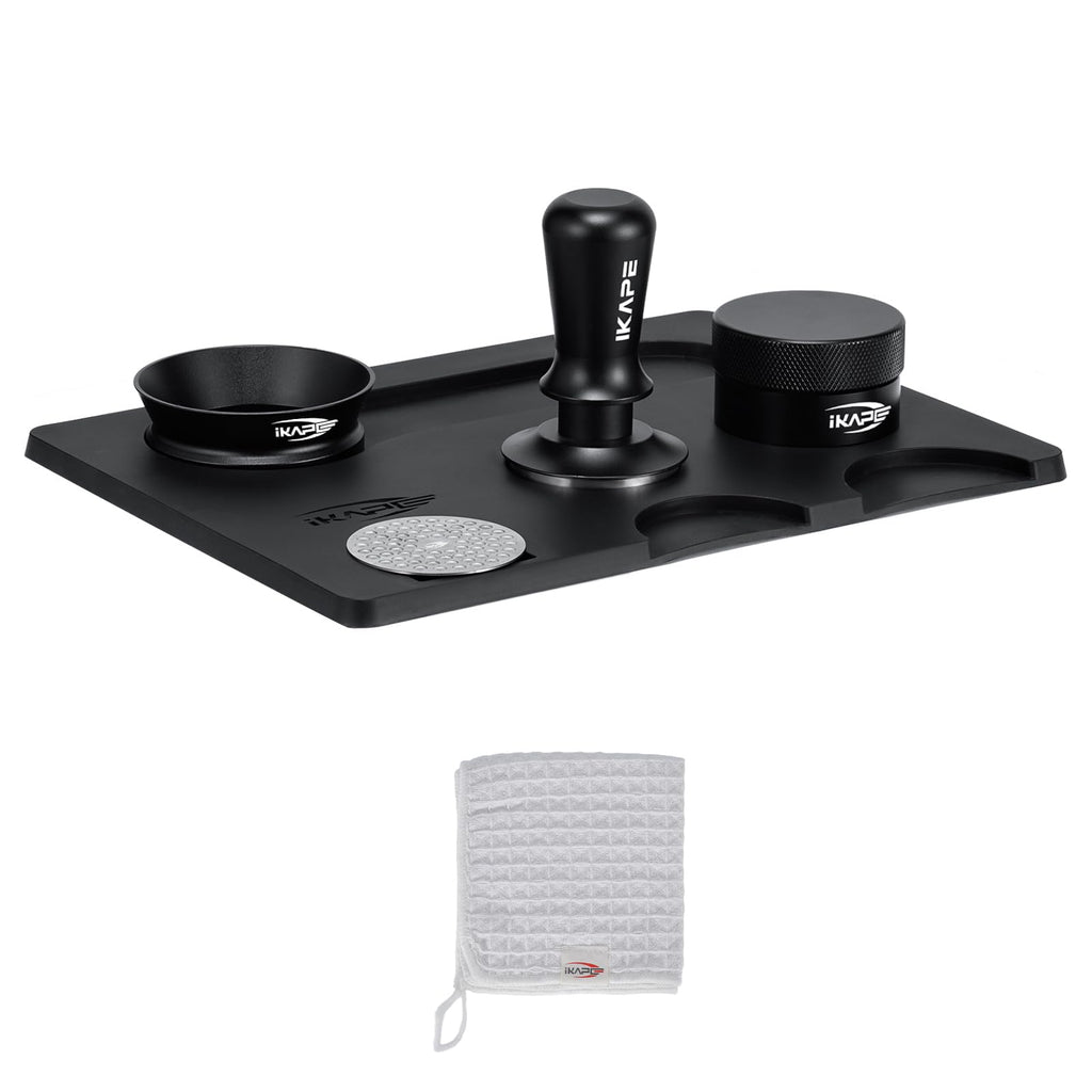 IKAPE 53.3MM Espresso Tamper Kit Black 6 IN 1, Espresso Tool Kit with Coffee Tamper, Distributor, Magnetic Dosing Funnel, Silicone Mat, Puck Screen, Cleaning Towel