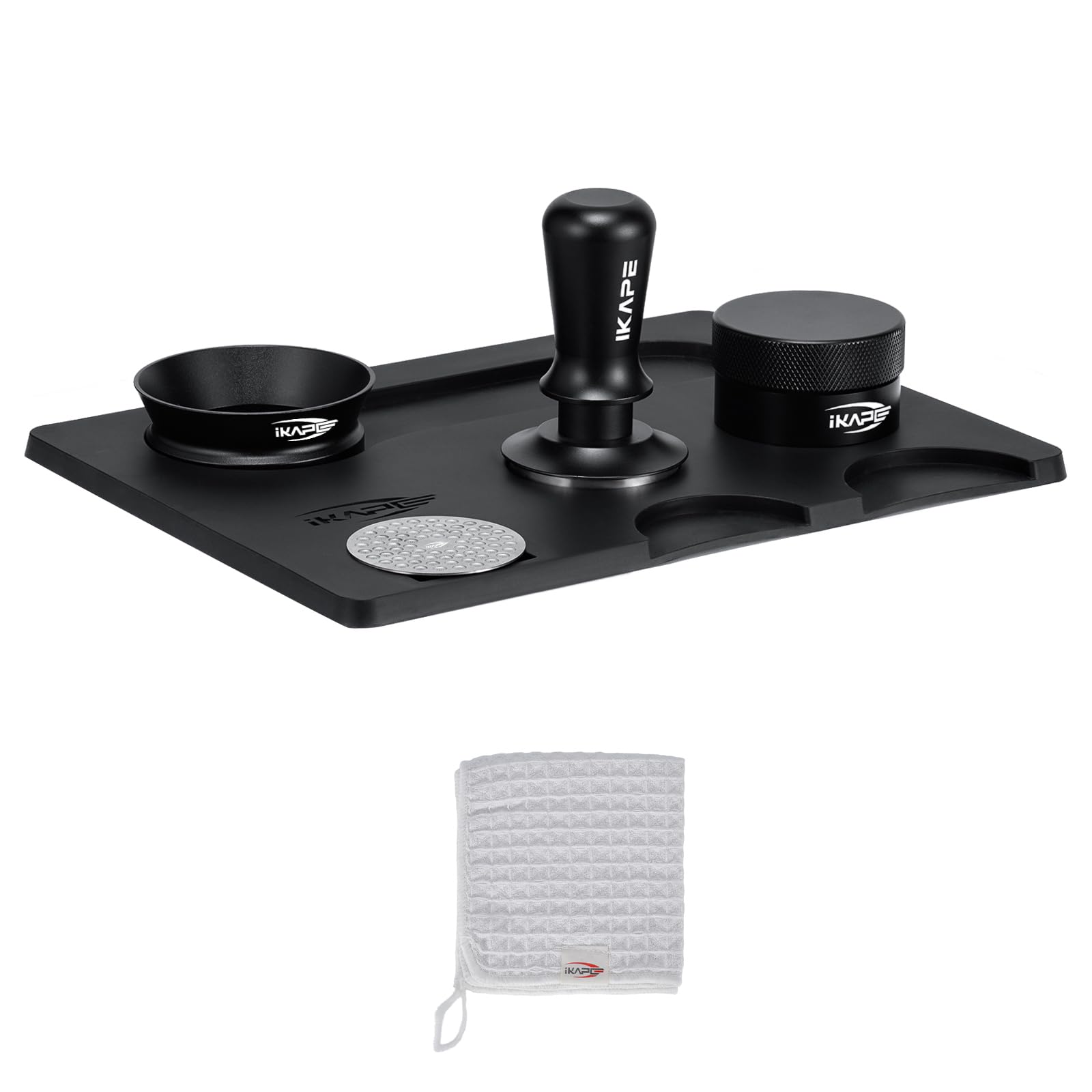 IKAPE 53.3MM Espresso Tamper Kit Black 6 IN 1, Espresso Tool Kit with Coffee Tamper, Distributor, Magnetic Dosing Funnel, Silicone Mat, Puck Screen, Cleaning Towel
