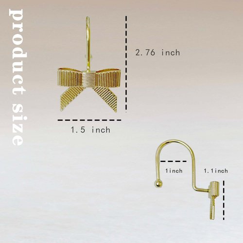 Dylrauoza Shower Curtain Hooks, Gold Bow Metal Rust Proof, 12 Pack Decorative Shower Rings for Bathroom