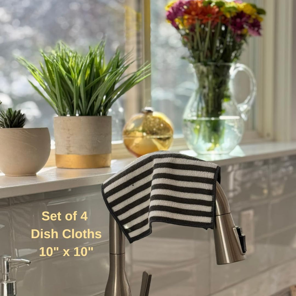 Severn Dish Cloths - Odor-Resistant 4-Pack Kitchen Cleaning Rags with Non-Scratch Scrubber | Bamboo-Charcoal Microfiber
