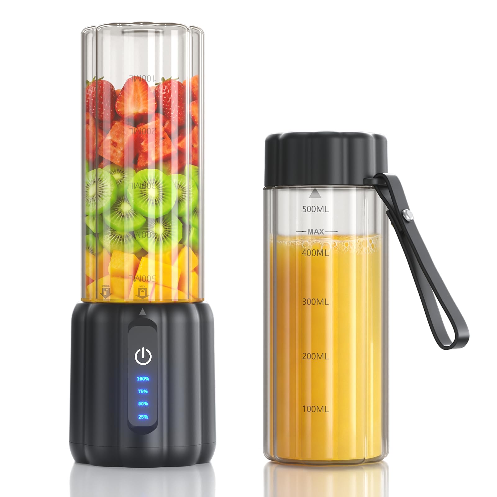 TOMUOO Portable Blender, Small Smoothie & Shake Maker with 6 Blades, USB-C Rechargeable Personal Blender with LED Display, Travel-Friendly Mini Juicer Cup for Home, Office, Gym, Outdoor, 17oz, Black