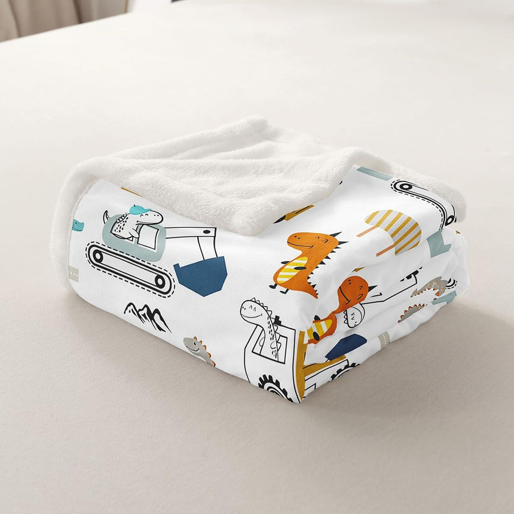Construction Sherpa Blanket 40"x50" Equipment Trucks Fleece Throw for Kids Boys Girls Decor Dinosaur Plush 3D Digital Print Yellow Fuzzy Bedroom