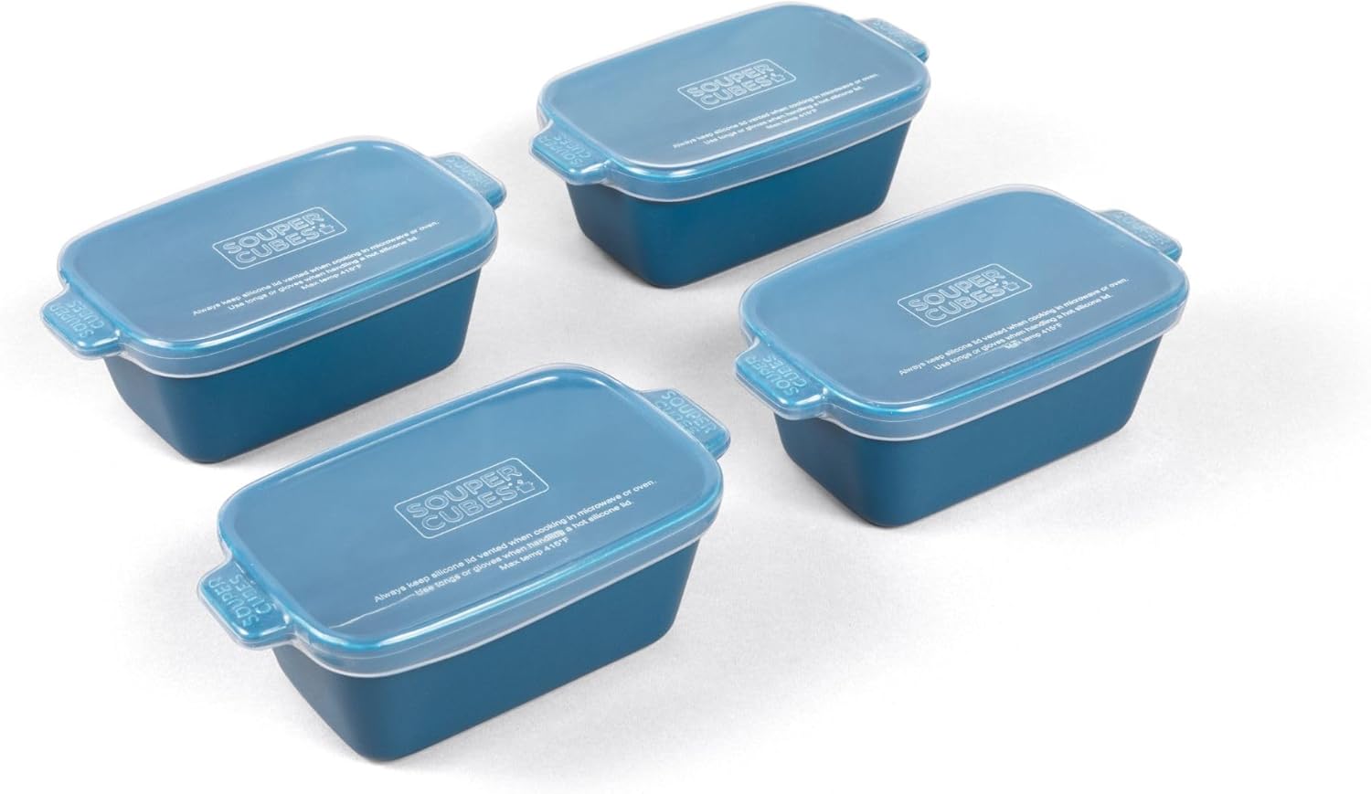 Souper Cubes Stoneware Baking Dish - Small 5" x 3" Ceramic Set of 4 with Silicone Covers | Blueberry Color