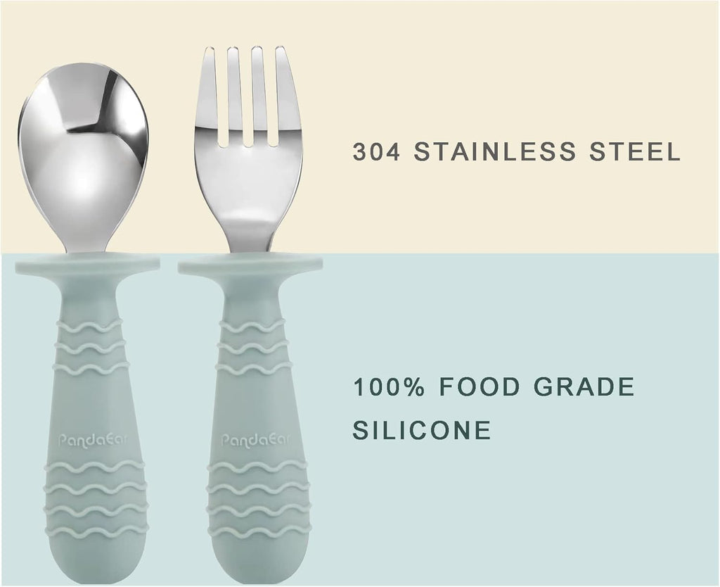 PandaEar Baby Toddler Utensils Set - 6-Piece BPA-Free Silicone & Stainless Steel Silverware | Blue, Pink, White