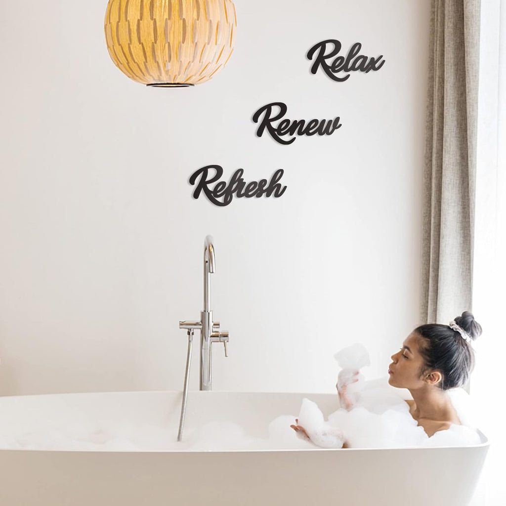 Skiennix Black Wooden Bathroom Sign - 3-Piece Wall Art Set for Farmhouse Decor | Relax, Renew, Refresh