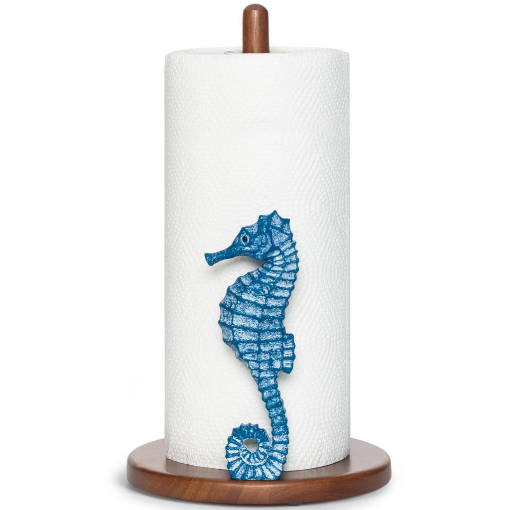 Seahorse Paper Towel Holder - Beach House Decor Unique Coastal Decor Seahorse Gifts for Women, Funny Cute Paper Towel Holder Stand Wood Kitchen Countertop Bathroom Decor Blue Coastal Kitchen