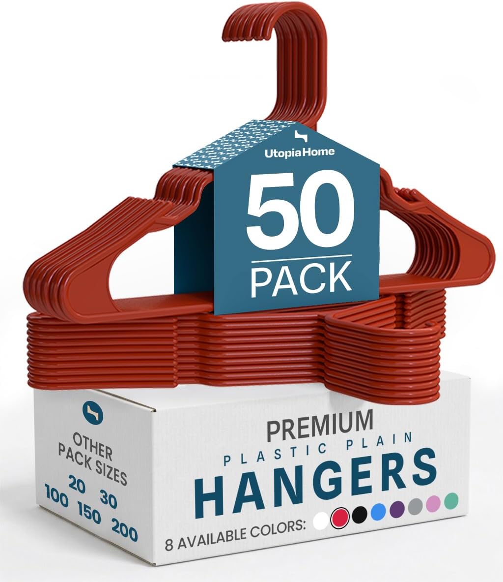 Utopia Home Plastic Hangers 50 Pack - Durable Space-Saving Clothes Hangers - Red Closet Organizers