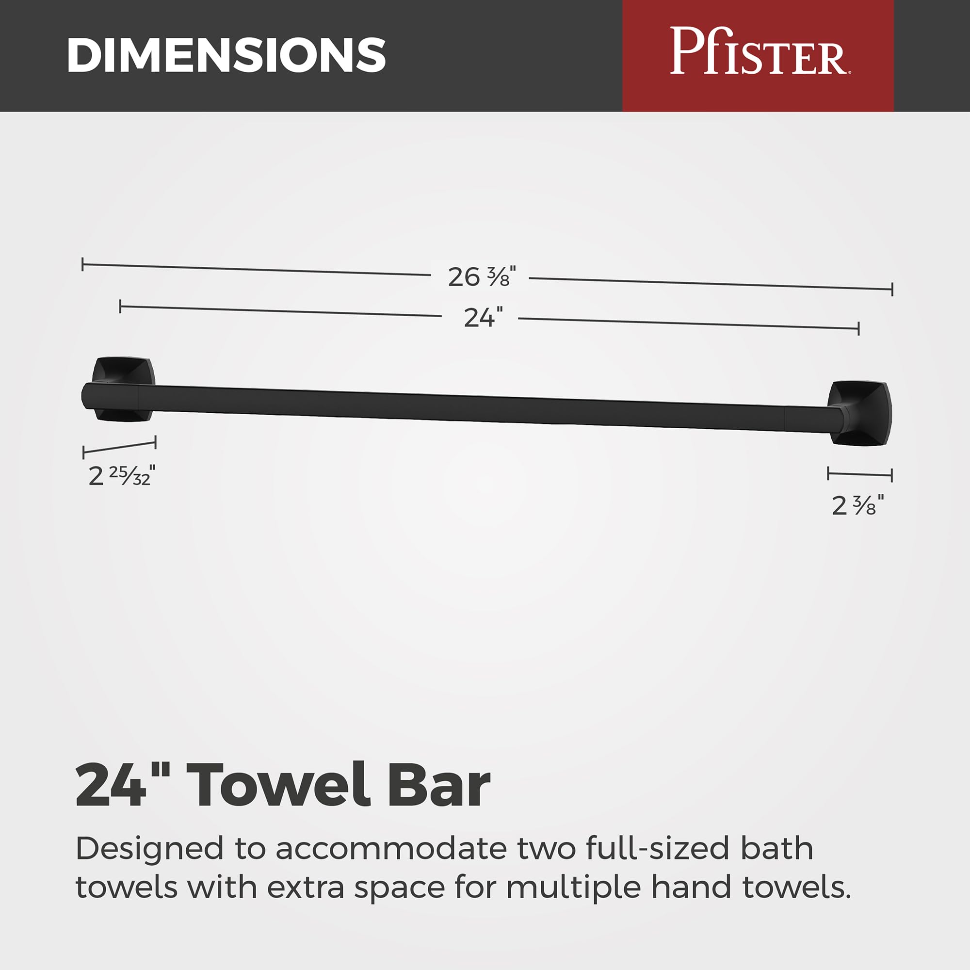 Pfister Vaneri Bath Towel Bar for Bathroom, 24-Inch, Wall-Mounted, Screw-In, Matte Black Finish, BTBVRI2B