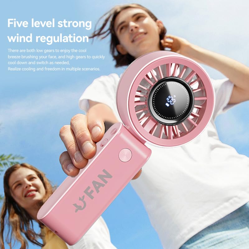 Portable Handheld Fan with LED Display - 5-Speed, 10-Hour Battery, Foldable Design (Pink)
