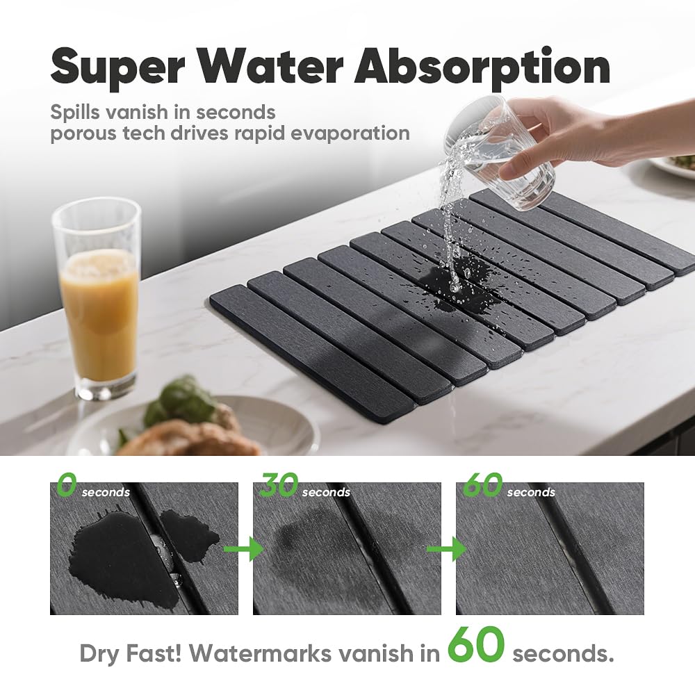 Stone Drying Mat for Kitchen Counter, Quick Diatomaceous Earth Mats for Dishes, 23.6"L x 15.7" W Super Absorbent Fast-Drying Collapsible Countertop Stone Mat (Dark Grey, 24" x 16")