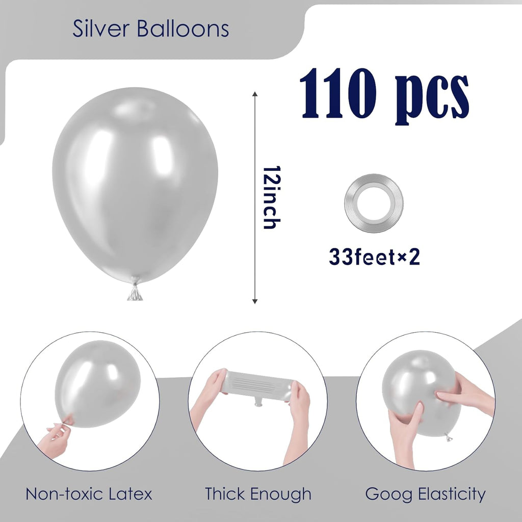 Voircoloria 110pcs Metallic Silver Balloons - 12 Inch Chrome Latex for Weddings, Birthdays & Celebrations