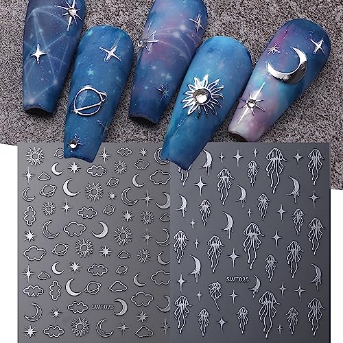 8 Sheets 3D Self-Adhesive Nail Art Stickers Holographic Moon Sun Decals