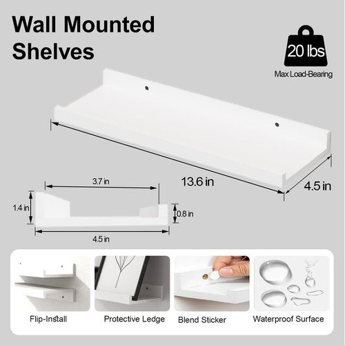 Solrot White Floating Shelves for Wall Decor, Wall Mounted Wood Storage Shelf for Bedroom, Living Room, Bathroom, Kitchen, Nursery, Display Picture Ledge Shelf with Lip Set of 2-14 Inches, White