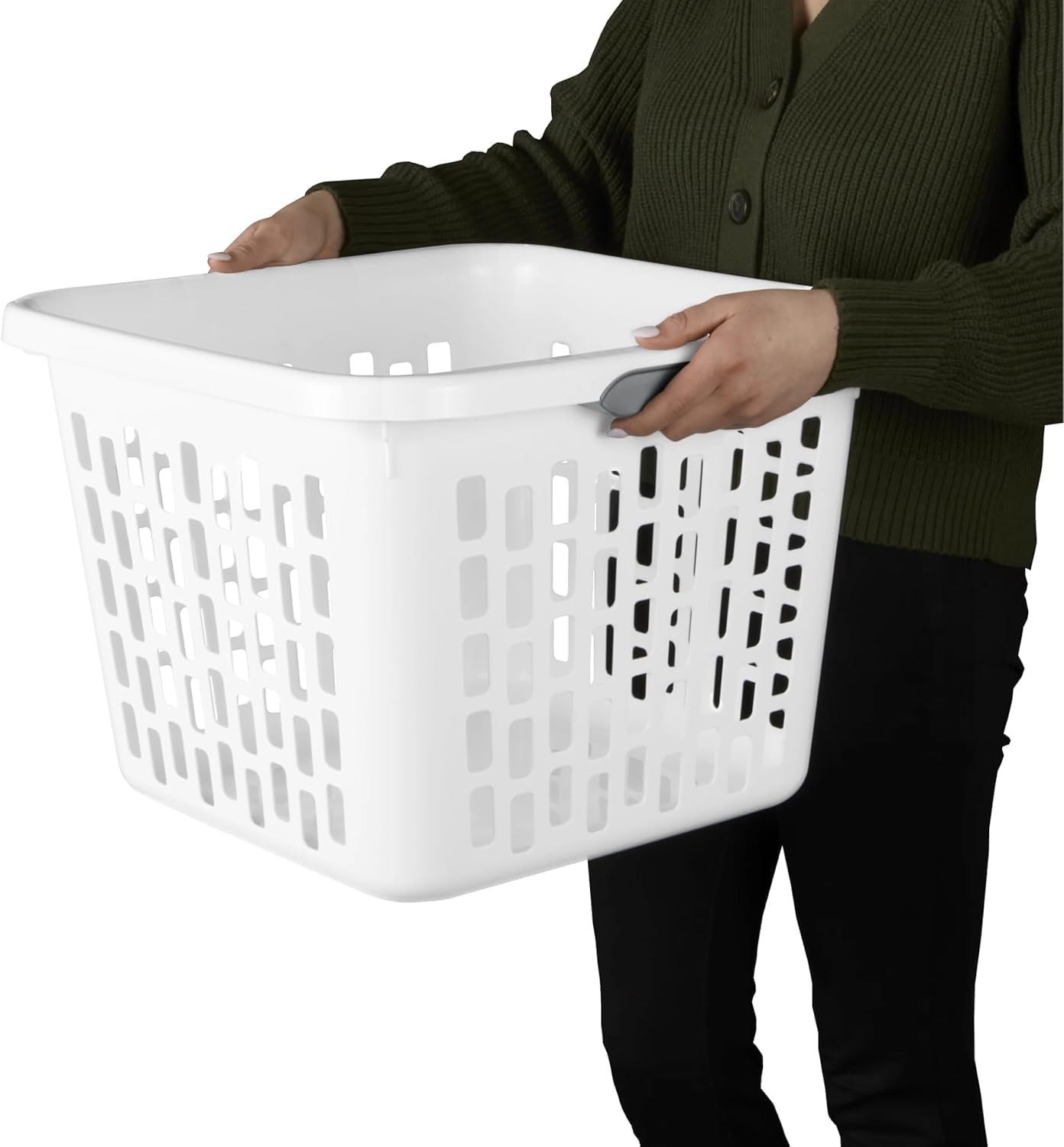 Square Plastic Laundry Basket by [Brand Name] - 1.5 Bushel, BPA-Free, Sturdy & Stackable, White with 2 Comfort Grip Handles