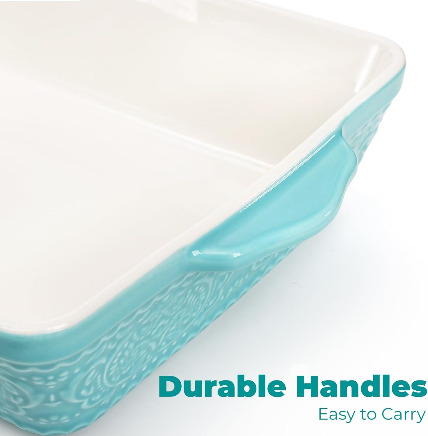 SOUJOY Ceramic Baking Dish Set - Non-Stick Rectangular Casserole Dishes with Sturdy Handles | Turquoise, Set of 3