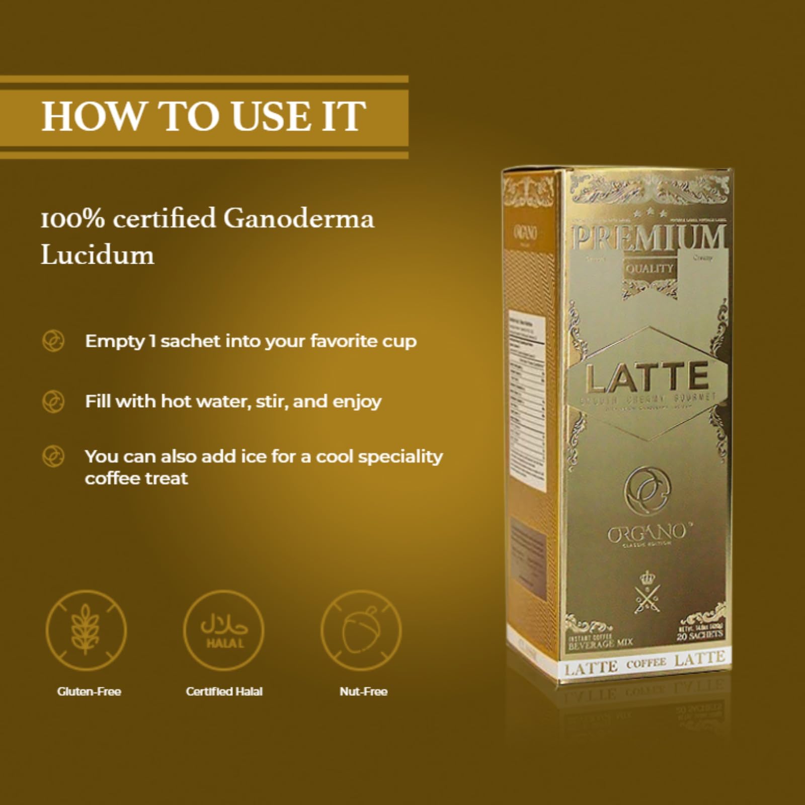 ORGANO 2 boxes Gourmet Cafe Latte, 100% Certified Ganoderma Lucidum (40 Sachets)